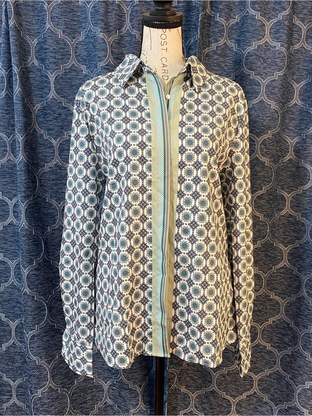 Shein Lotus Pattern Green & White Blouse